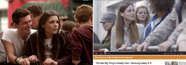Apple's iTunes Festival video on the left, Samsung's Galaxy SIII commercial mocking those standing in line on the right