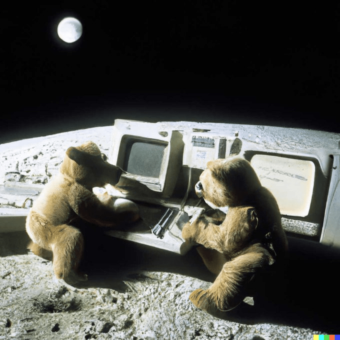 Teddy bears working on new AI research on the moon in the 1980s