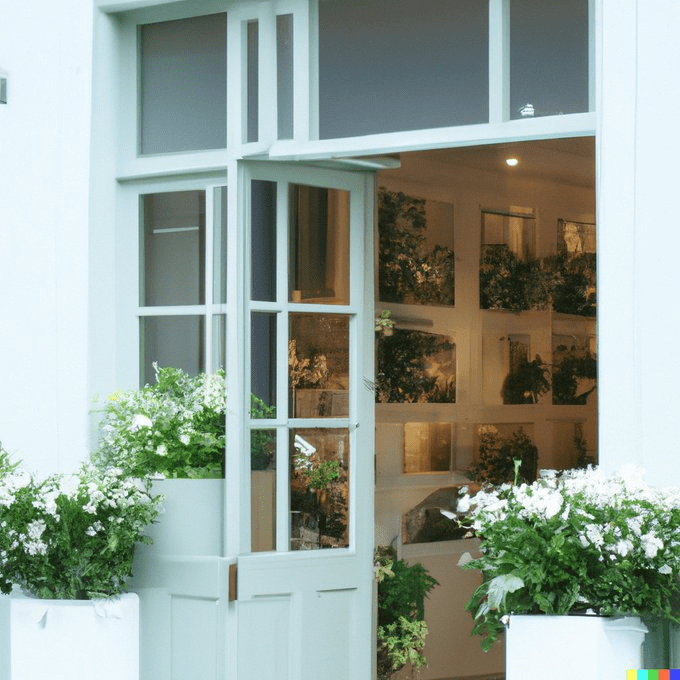 A photo of a quaint flower shop storefront with a pastel green and clean white facade and open door and big window